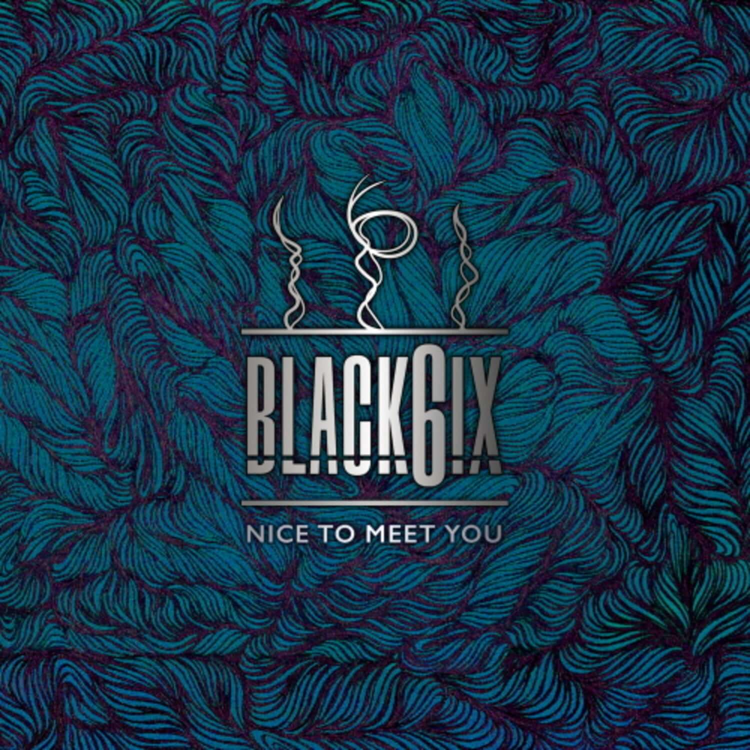 BLACK6IX - 2nd Album [NICE TO MEET YOU] - Album Kpop : jaquette sur fond bleu motif plumes, design marque BLACK6IX