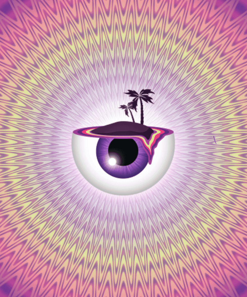 BORAN - EP1st Album [TREASURE ISLAND] - Album Kpop : visuel eye-candy avec œil, palmier et ambiance tropicale.