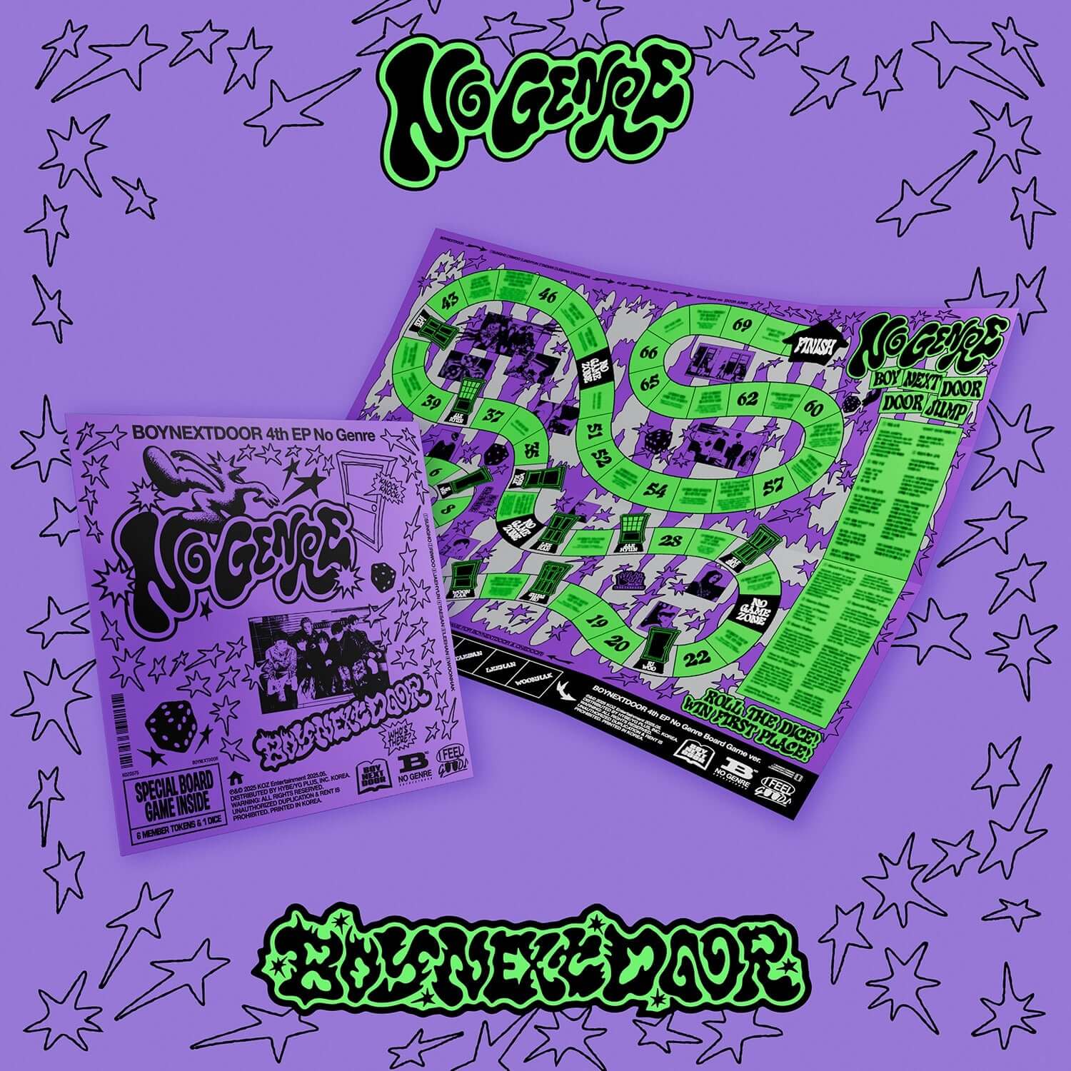 BOYNEXTDOOR - [No Genre] (Board Game ver.) - Album Kpop : visuel jeu de société sur fond violet avec étoiles, marque BOYNEXTDOOR