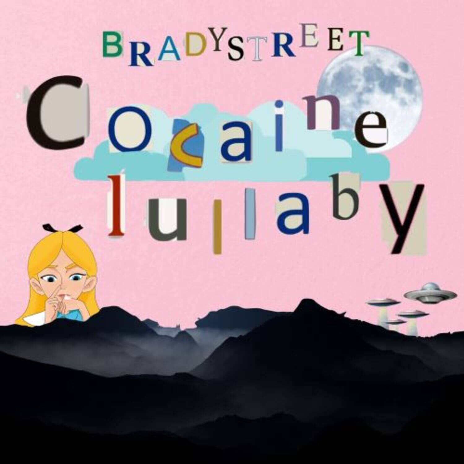 BRADYSTREET - [COCAINE LULLABY REMASTER] - Album Kpop : pochette rose avec lune, montagnes et texte BRADYSTREET