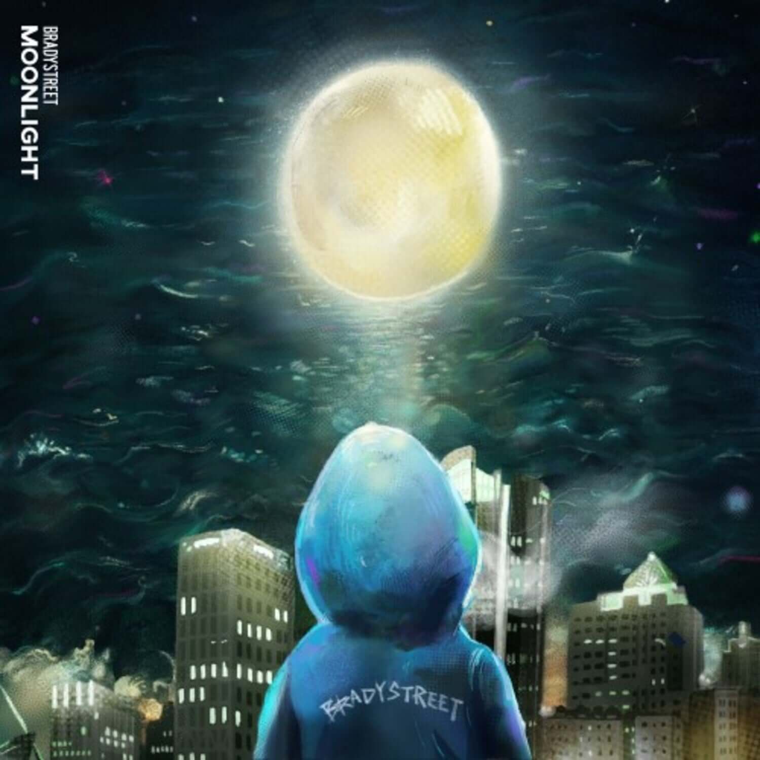 BRADYSTREET - [Moonlight] - Album Kpop : couverture avec l’enfant, une lune lumineuse et la ville nocturne.