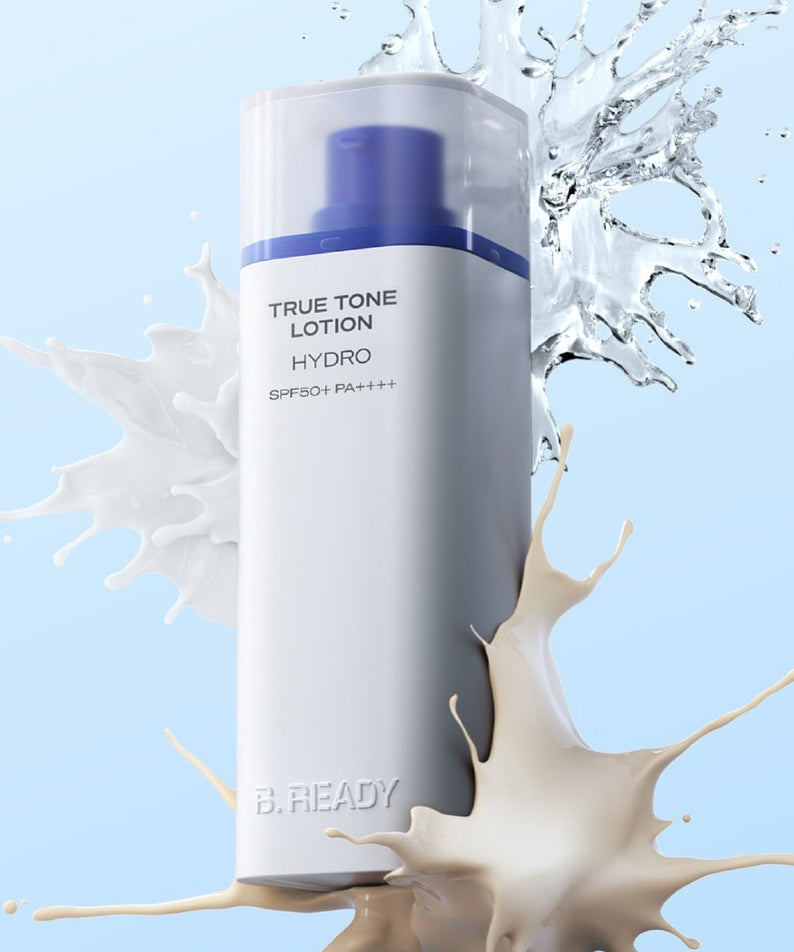B.READY True Tone Lotion 2.0 40ml de la marque B.READY, flacon avec éclaboussures d’eau sur fond bleu ciel