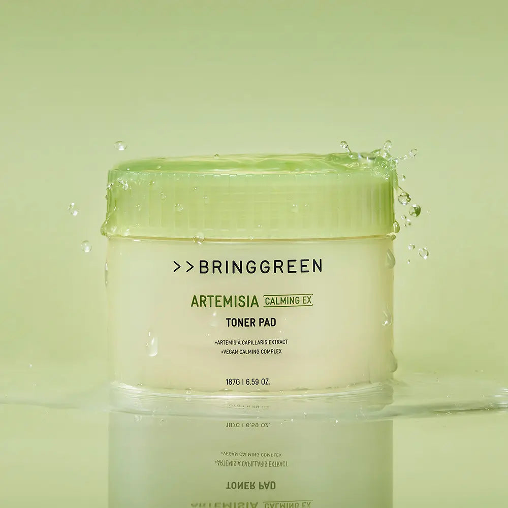 BRINGGREEN Mugwort Calming EX Toner Pads 75 Sheets, pads tonifiants au mugwort sur fond vert, présentation produit marque