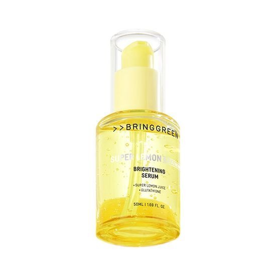 BRINGGREEN Super Lemon Glutathione Serum 50mL : flacon jaune au citron, en studio sur fond blanc, marque BRINGGREEN.