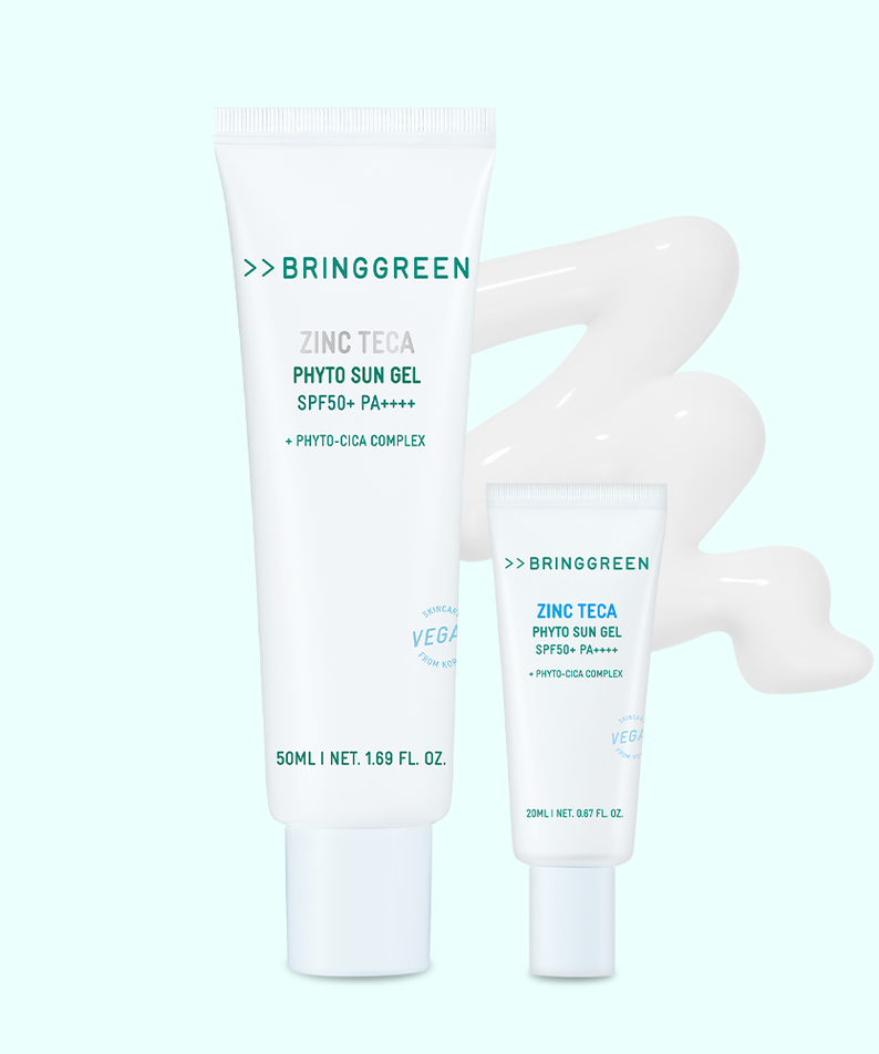 BRINGGREEN Zinc Teca Phyto Sun Gel 50ml / SPF50+ PA++++ en tube blanc sur fond clair, texture crème solaire.