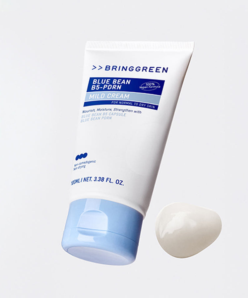 Crème BRINGGREEN Blue Bean B5-PDRN Mild Cream 100ml en tube avec texture, hydratation douce pour peau.