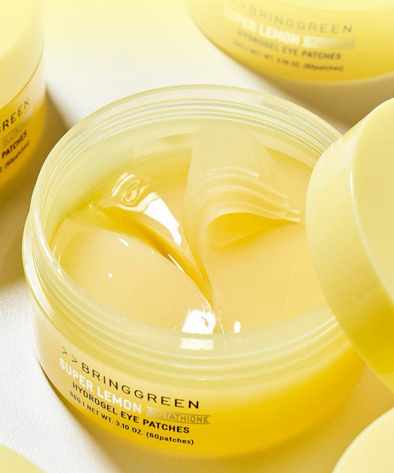 BRINGGREEN Super Lemon Glutathione Hydrogel Eye Patch 60 Sheets, pot ouvert montrant les patchs hydratants.