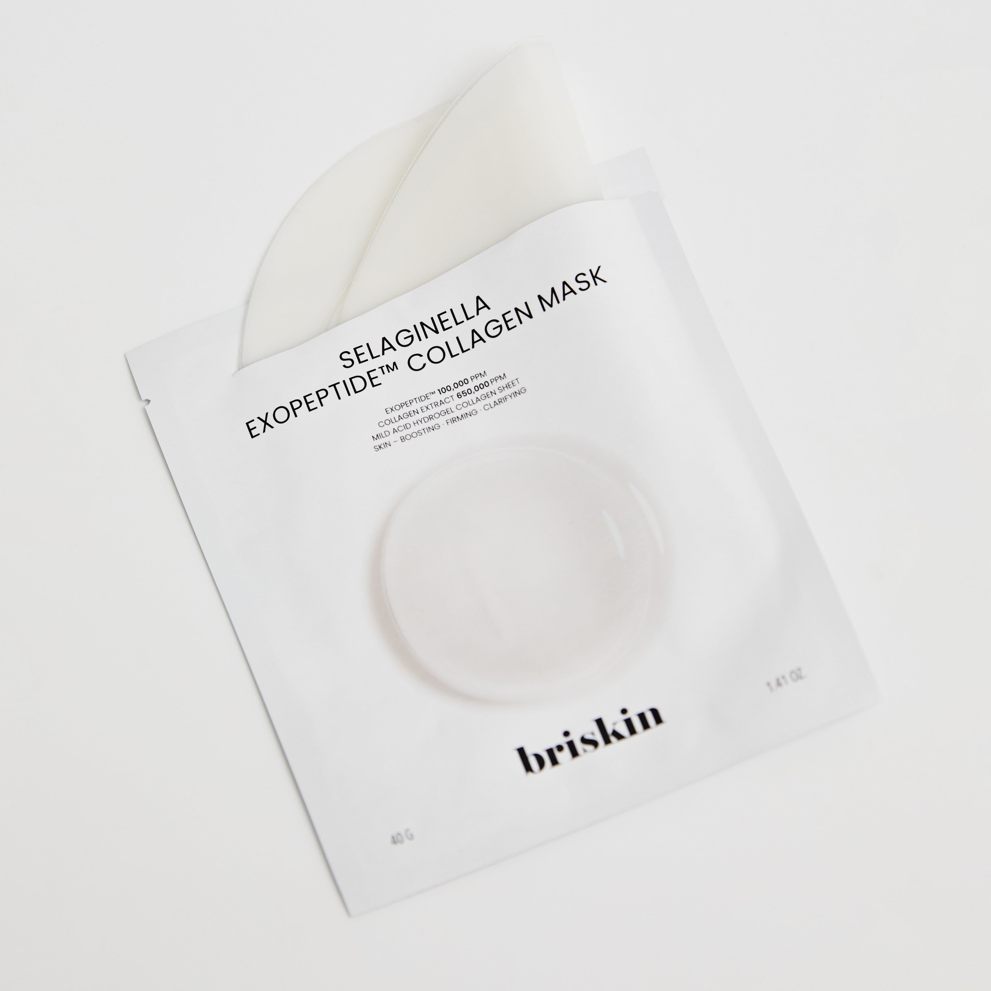 BRISKIN Selaginella Exopeptide Collagen Mask 5 sheets, masque tissu blanc sur fond clair, feuilles de produit visibles.