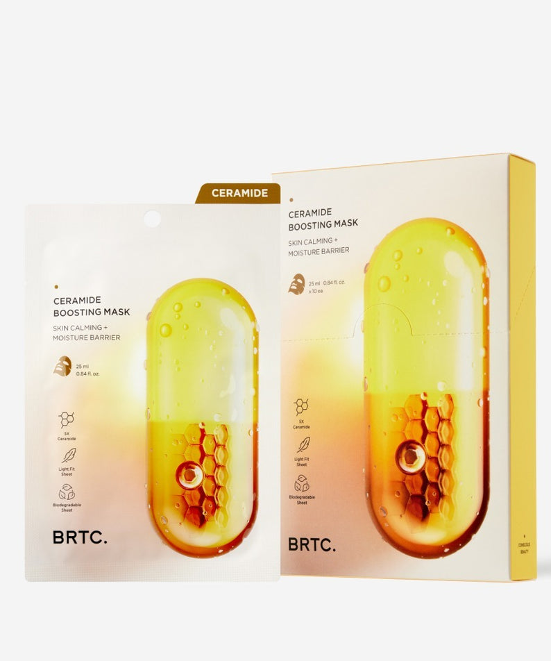Décris l’image en français : BRTC Ceramide Boosting Mask 10 Sheets, masque hydratant en sachets, boîte jaune/or, fond blanc.