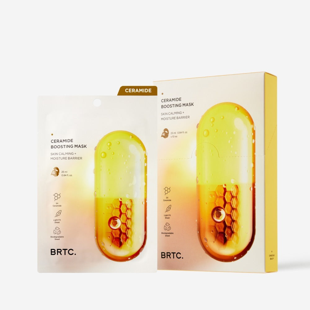 Décris l’image en français : BRTC Ceramide Boosting Mask 10 Sheets, masque hydratant en sachets, boîte jaune/or, fond blanc.