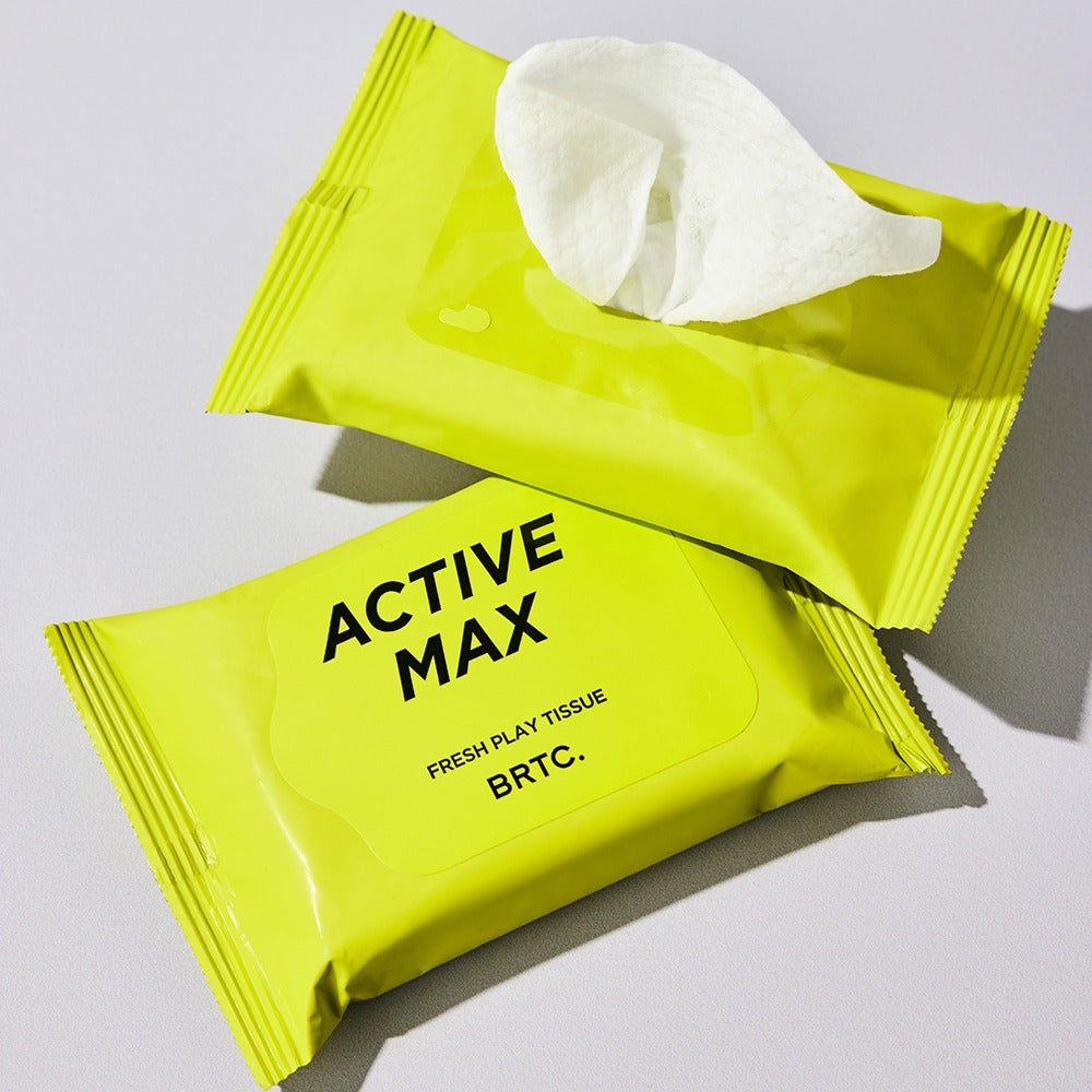 BRTC Homme Active Max Fresh Play Tissue 15 Sheets, mouchoirs verts BRTC avec tissu blanc, pack en gros plan.