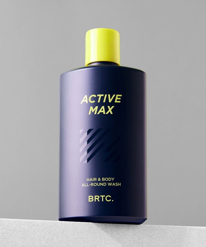 BRTC Homme Active Max Hair & Body All-Round Wash 200ml de BRTC, flacon bleu et jaune sur fond clair, visuel produit