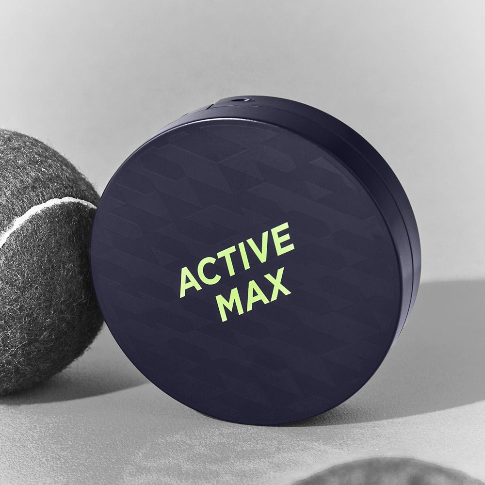 BRTC Homme Active Max Perfect Cushion 15g, pot bleu sur tissu gris, marque BRTC en visuel produit.