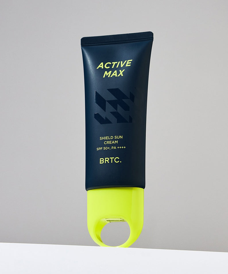 BRTC Homme Active Max Sheild Sunscreen 50ml, tube bleu « Active Max » sur fond clair, crème SPF 50+