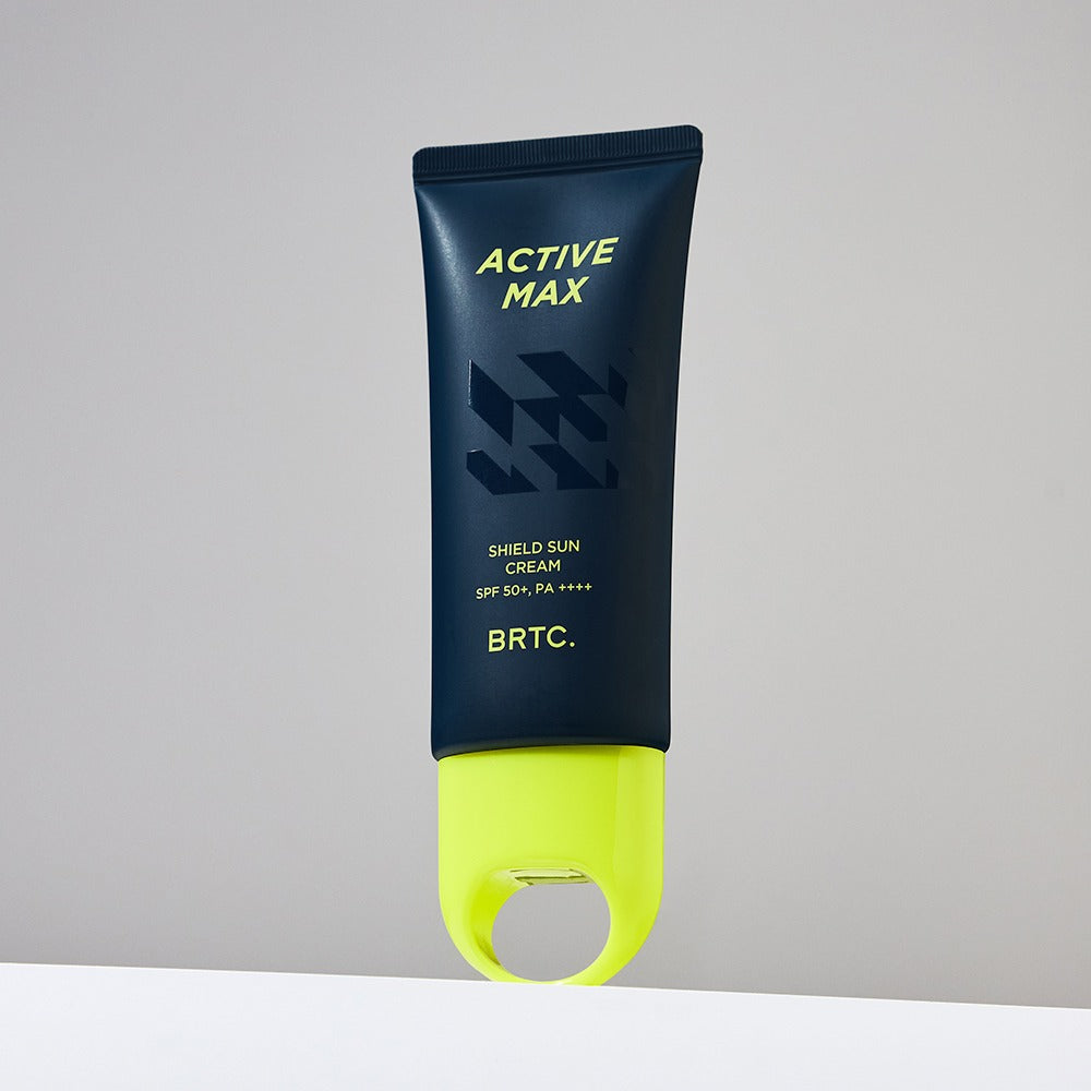 BRTC Homme Active Max Sheild Sunscreen 50ml, tube bleu « Active Max » sur fond clair, crème SPF 50+