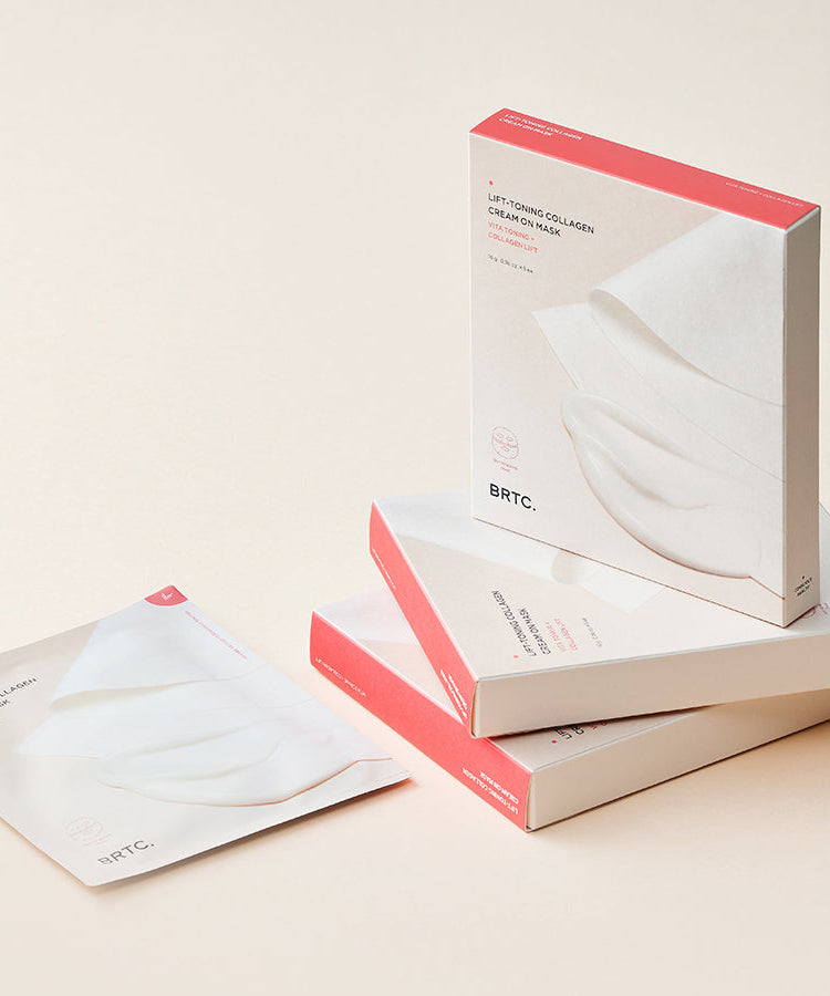 Décris l’image : BRTC Lifting Toning Collagen Cream On Mask 5 Sheets, masques visage en sachets, marque BRTC, packaging rouge
