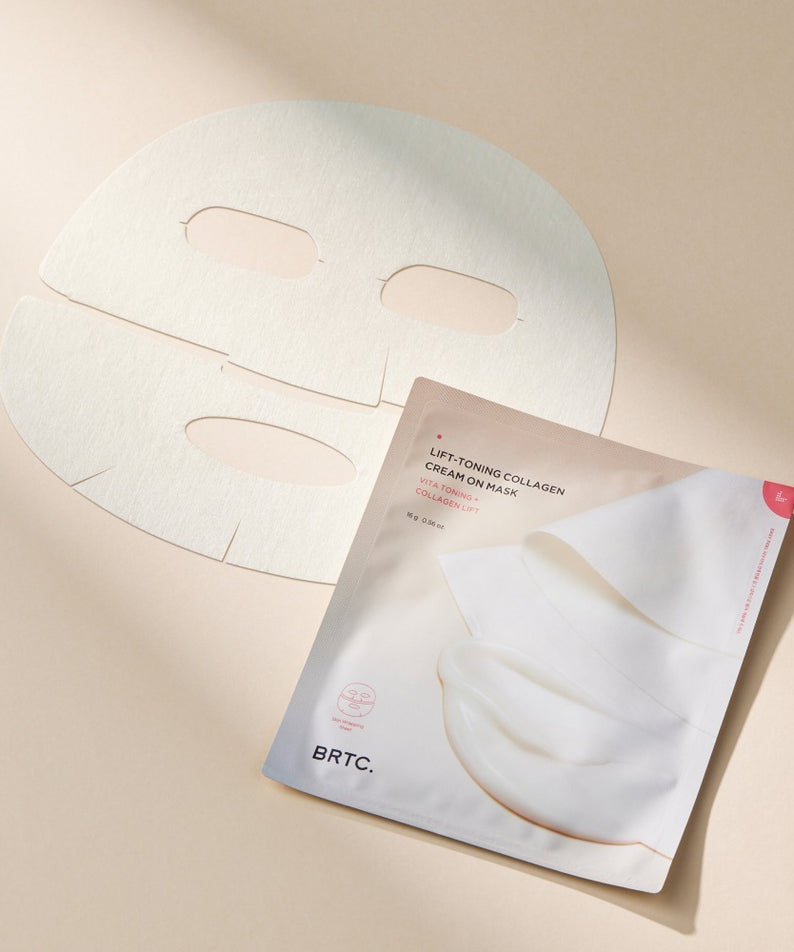 BRTC Lifting Toning Collagen Cream On Mask 5 Sheets: masque visage BRTC sur table, pack et feuilles à découpe.