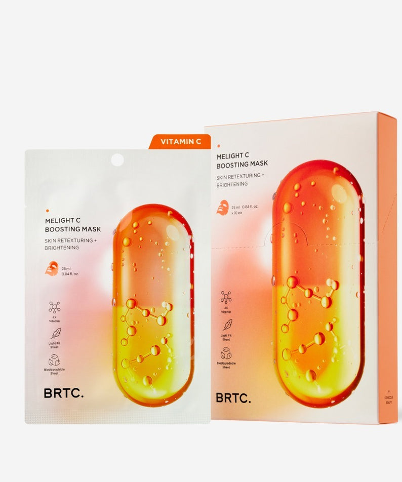 BRTC Melight C Boosting Mask 10 Sheets : masque au Vitamin C, boîte et sachets sur fond clair, vue produit.