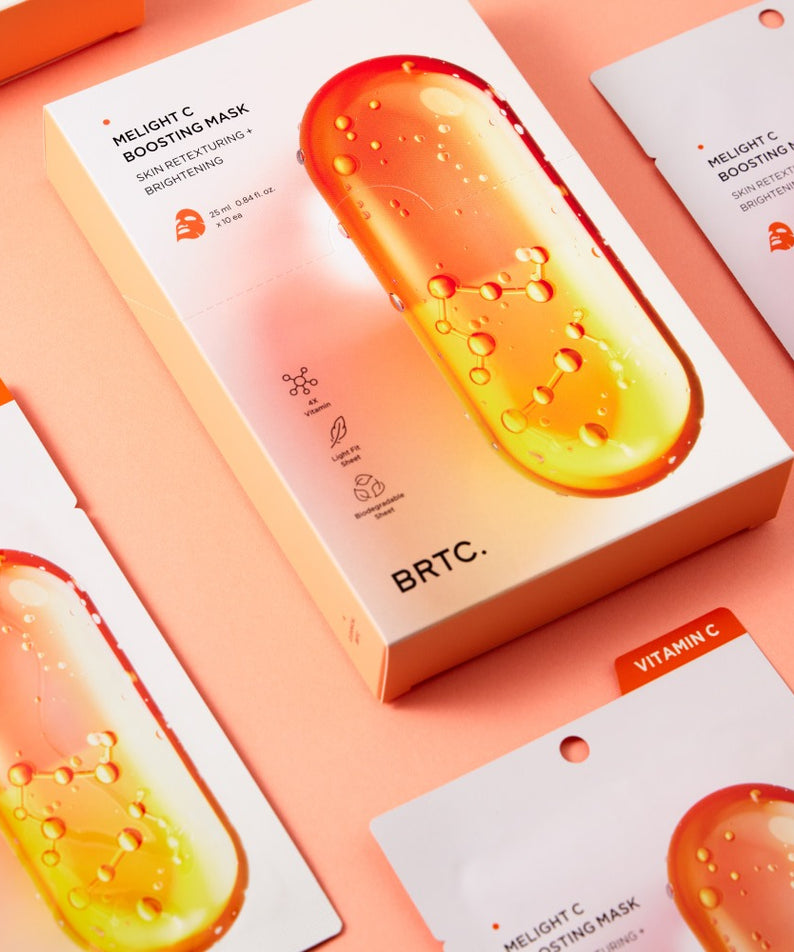 BRTC Melight C Boosting Mask 10 Sheets, boîtes sur fond rose pastel, visuel détaillé de masques vitamine C BRTC