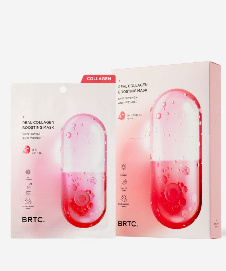 BRTC Real Collagen Bosting Mask 10 Sheets de BRTC sur fond clair, packaging et masques hydrogel rose.