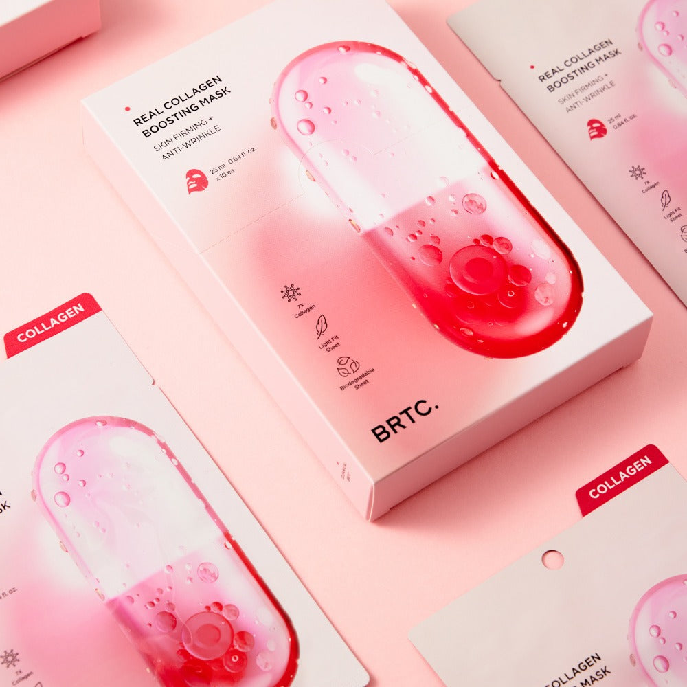 Décris l'image en français : BRTC Real Collagen Bosting Mask 10 Sheets, masques en papier, boîte et packs roses.