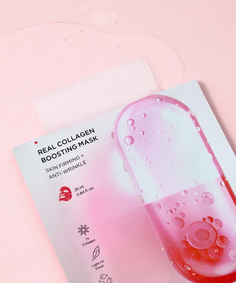 BRTC Real Collagen Bosting Mask 10 Sheets de BRTC, pack et gouttelettes sur fond rose, masque visage hydratant
