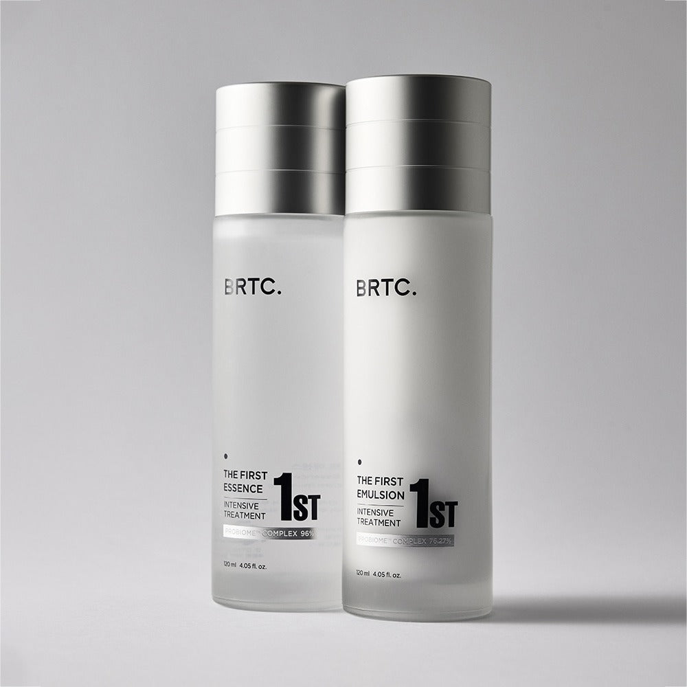 Décris l'image en français en mentionnant le produit BRTC The First Emulsion 120ml : flacons BRTC sur fond gris