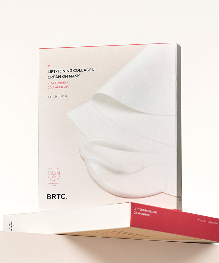 Masque BRTC Lifting Toning Collagen Cream On Mask 5 Sheets en boîte sur étagère, beauté et soin de la peau.