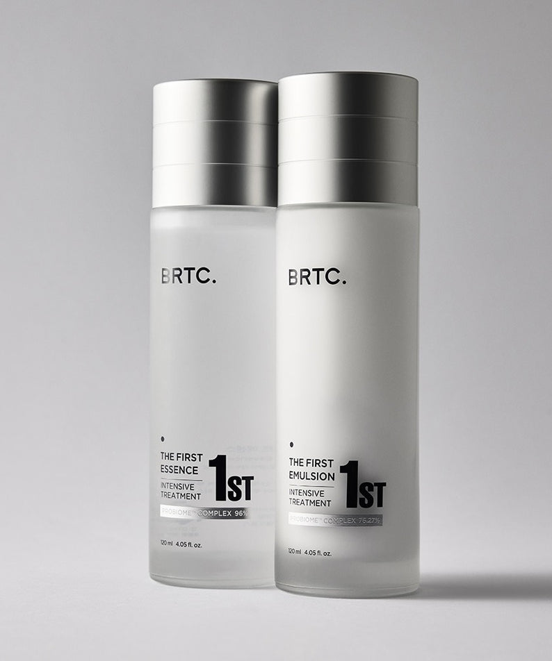 BRTC The First Emulsion 120ml et essence sur fond blanc. Soin intensif pour la peau, produit cosmétique innovant avec hydratation efficace.