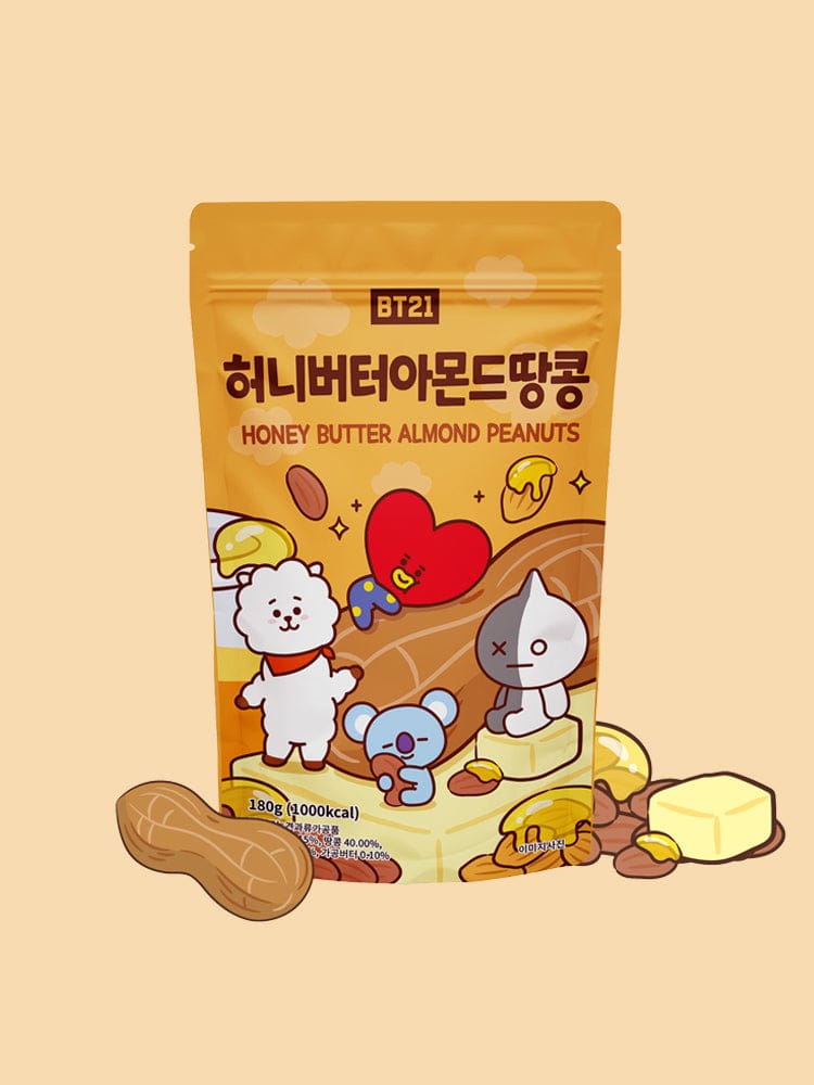 BT21 ALMOND (180g) LINE FRIENDS : sachet kawaii sur fond beige, personnages BT21 et amandes au miel, design officiel
