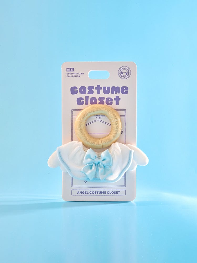 BT21 ANGEL & VILLAIN COSTUME CLOSET - ANGEL : peluche/accessoire de garde-robe sur fond bleu, marque BT21 LINE FRIENDS.