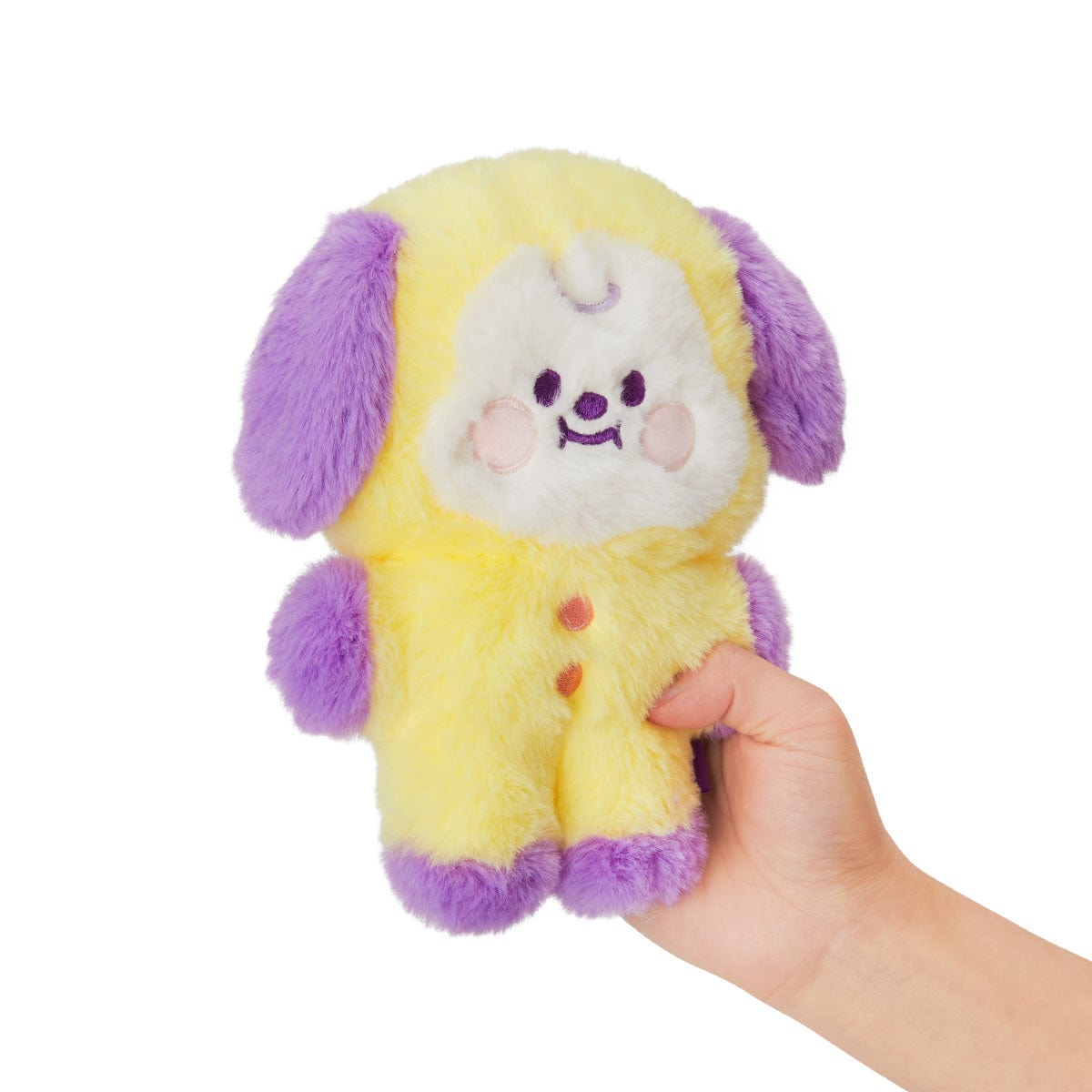 BT21 BABY CHIMMY FLAT FUR STANDING DOLL PURPLE HEART EDITION peluche CHIMMY Jimin BTS, vue de face, main tenant, fond clair.