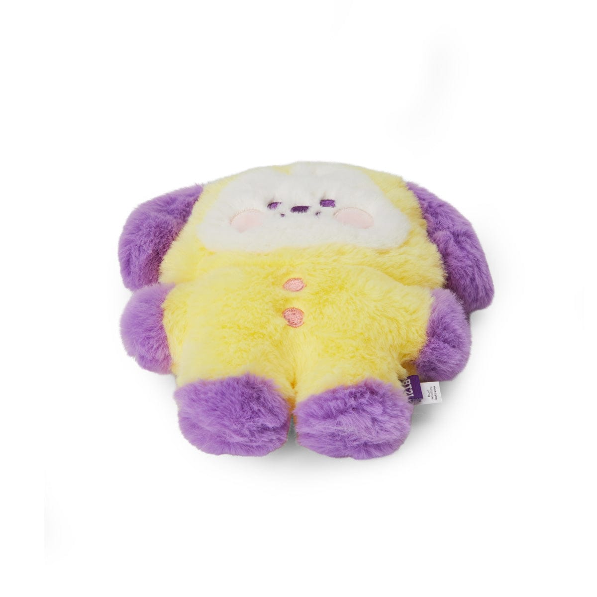BT21 BABY CHIMMY FLAT FUR STANDING DOLL PURPLE HEART EDITION : peluche Chimmey violet cœur, fond blanc, vue produit.