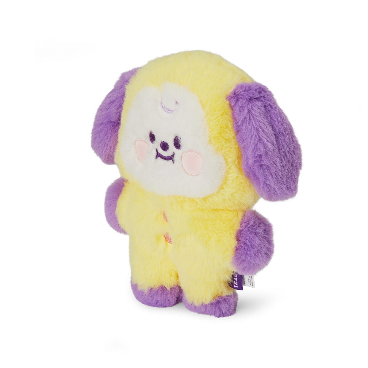 BT21 BABY CHIMMY FLAT FUR STANDING DOLL PURPLE HEART EDITION, peluche Jimin BTS, chiot violet/jaune debout sur fond blanc.