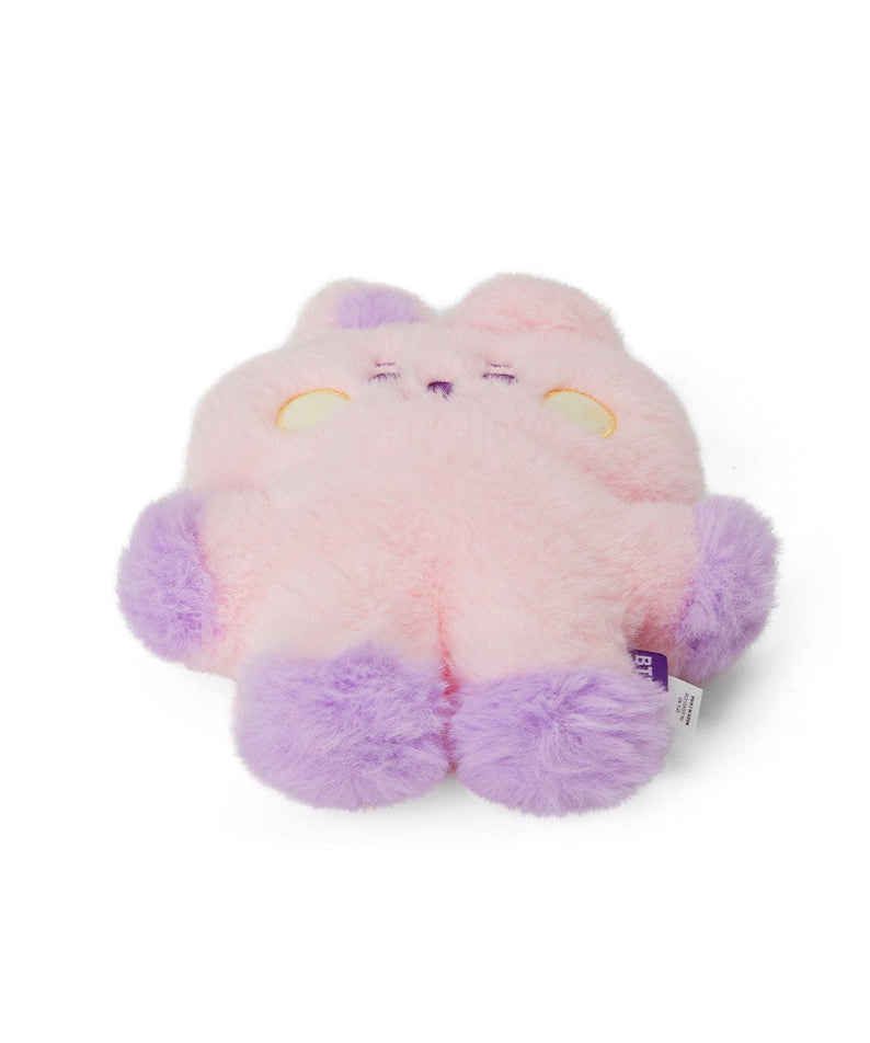 BT21 BABY COOKY FLAT FUR STANDING DOLL PURPLE HEART EDITION : peluche officielle rose et violette sur fond blanc.
