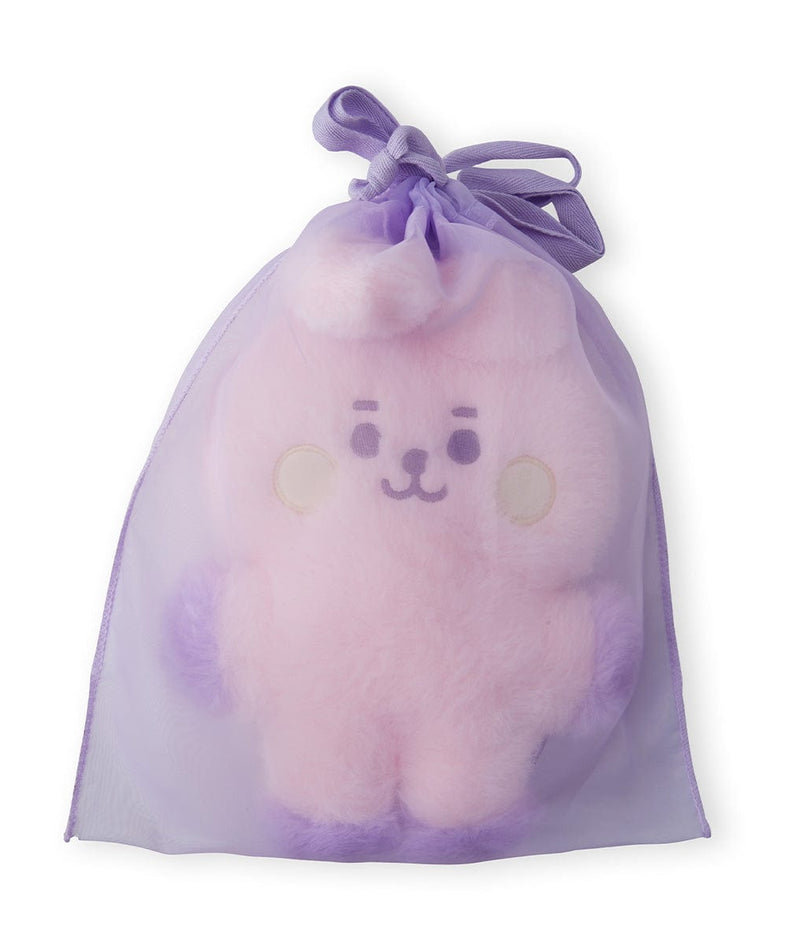 BT21 BABY COOKY FLAT FUR STANDING DOLL PURPLE HEART EDITION : peluche officielle COOKY violette en sachet, fond clair.