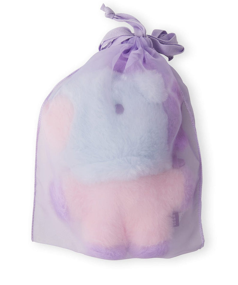 BT21 BABY MANG FLAT FUR STANDING DOLL PURPLE HEART EDITION, peluche Mang violette dans son pochon violet, fond blanc.