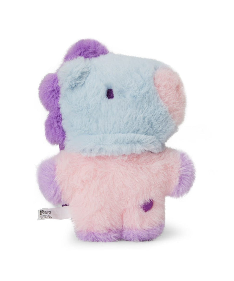 BT21 BABY MANG FLAT FUR STANDING DOLL PURPLE HEART EDITION : peluche debout MANG, fourrure violette et bleu clair, fond blanc.