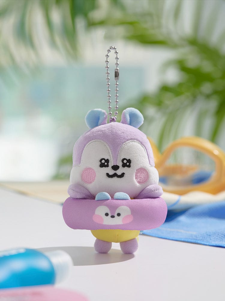 BT21 BABY PLUSH KEYRING SPLASH EDITION, porte-clés peluche violet avec personnage BT21, fond bleu et vert, LINE FRIENDS