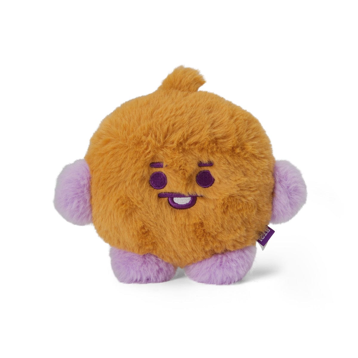 BT21 BABY SHOOKY FLAT FUR STANDING DOLL PURPLE HEART EDITION : peluche Shooky, cœur violet, sur fond blanc, décor chambre.