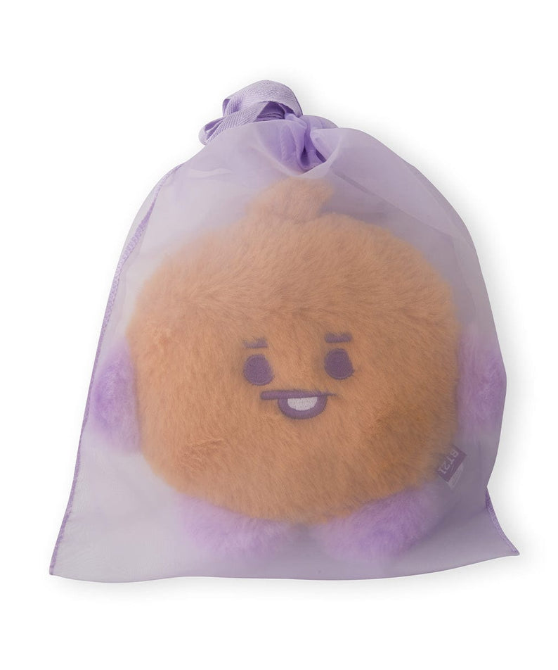 BT21 BABY SHOOKY FLAT FUR STANDING DOLL PURPLE HEART EDITION, peluche violette en mode poche, fond blanc.