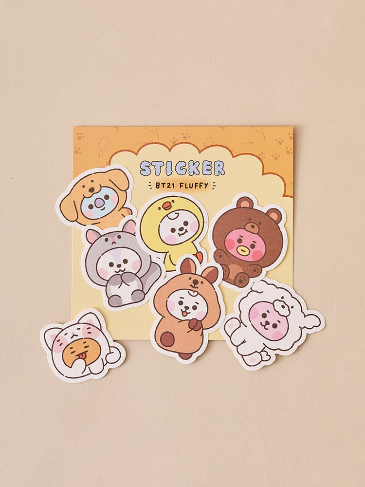 BT21 BABY STICKERS SET FLUFFY (7PCS) : autocollants décoratifs LINE FRIENDS, personnages BT21 mignons sur fond beige