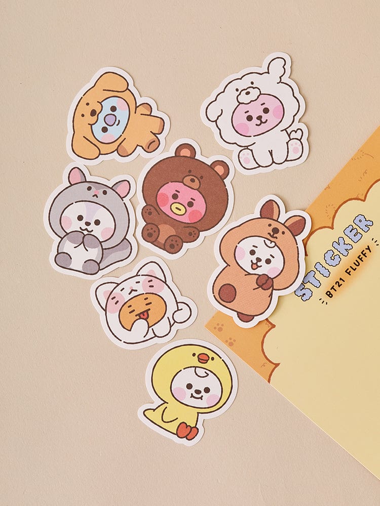 BT21 BABY STICKERS SET FLUFFY (7PCS) de LINE FRIENDS : stickers mignons avec personnages BT21 sur fond beige.