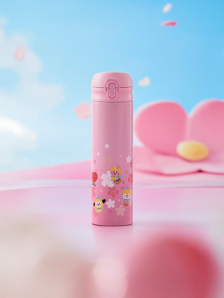 BT21 BABY TUMBLER(16oz) SPRING FAIRY : bouteille rose kawaii sur fond pastel, personnages BT21, marque LINE FRIENDS (BTS).