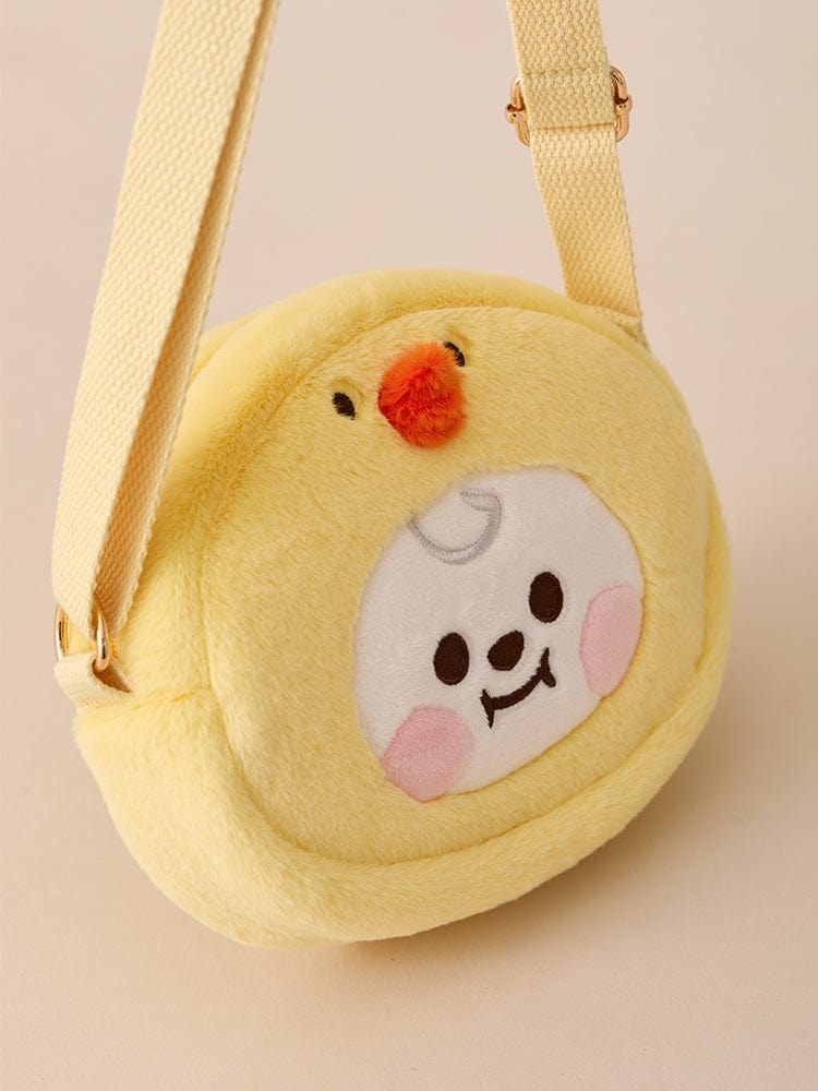 BT21 CHIMMY BABY CROSSBODY BAG FLUFFY : mini pochette jaune fluffy CHIMMY sur fond clair, bandoulière réglable, LINE FRIENDS