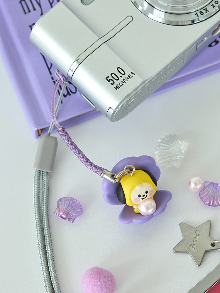 BT21 CHIMMY BABY PEARL FIGURINE STRAP officiel LINE FRIENDS : porte-clés sur fond violet avec pendentif fleur CHIMMY