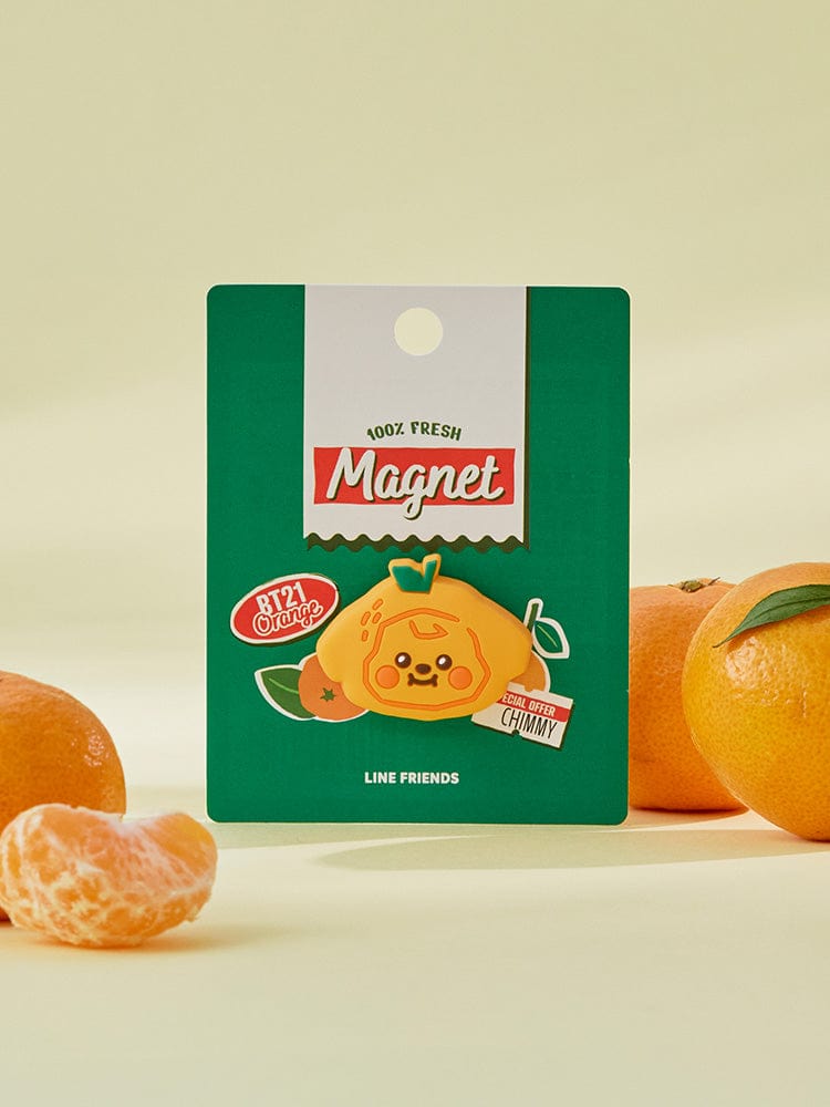 BT21 CHIMMY BABY SILICONE MAGNET ORANGE PARTY : magnet silicone CHIMMY vert, LINE FRIENDS sur décor d’agrumes