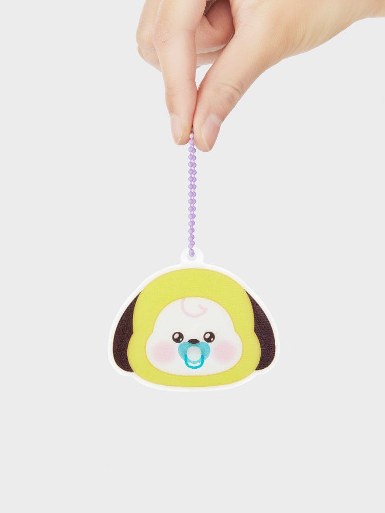 BT21 CHIMMY NEWBORN BABY LENTICULAR 3D KEYRING, porte-clés officiel CHIMMY sur chaîne violette, main tenant le produit