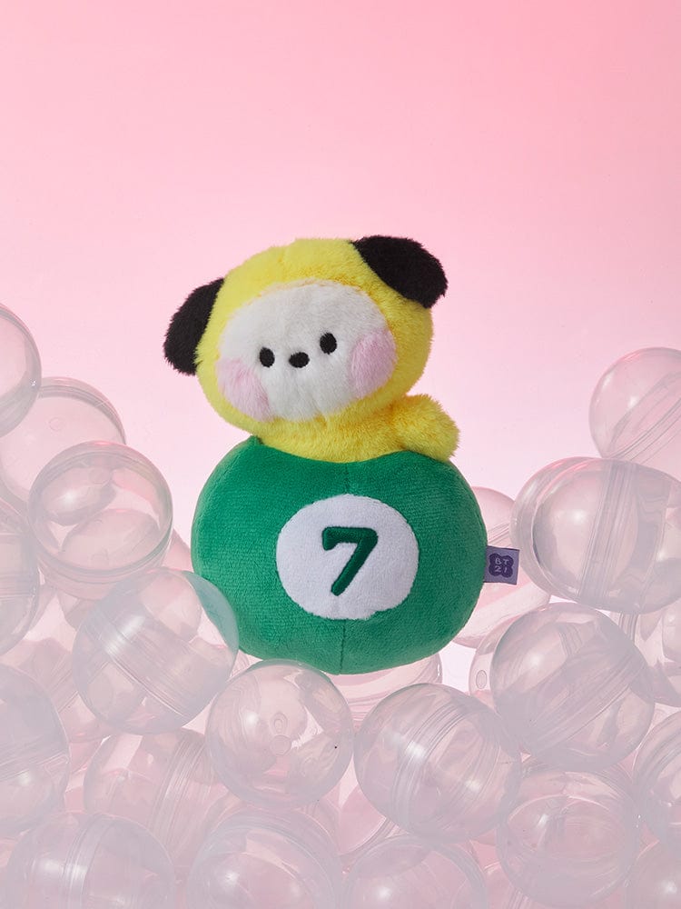 BT21 CHIMMY minini PLUSH LUCKY GATCHA, peluche CHIMMY Jimin BTS sur fond rose avec balles transparentes, marque BT21