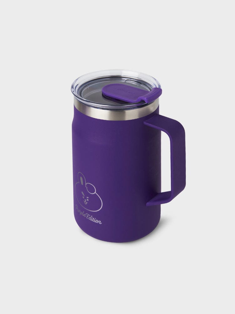 BT21 COOKY TUMBLER PURPLE OF WISH EDITION LINE FRIENDS, mug violet avec couvercle, visuel studio sur fond clair